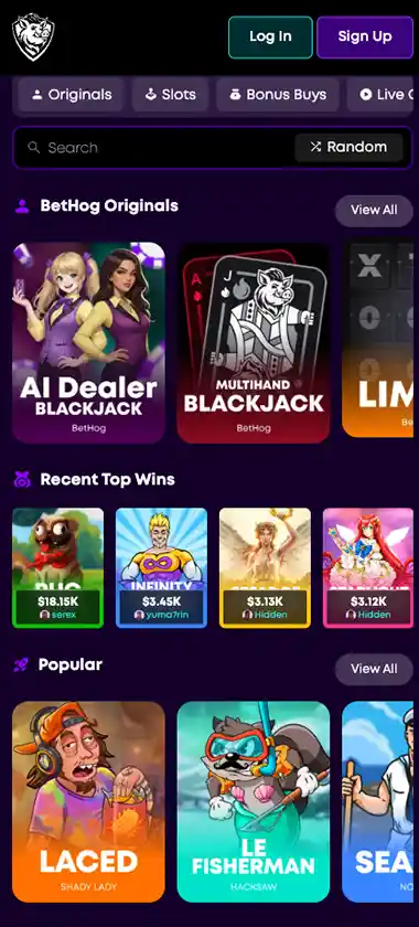 Bethog Casino mobile homepage screenshot displaying main navigation, featured games and promotional banners - tested