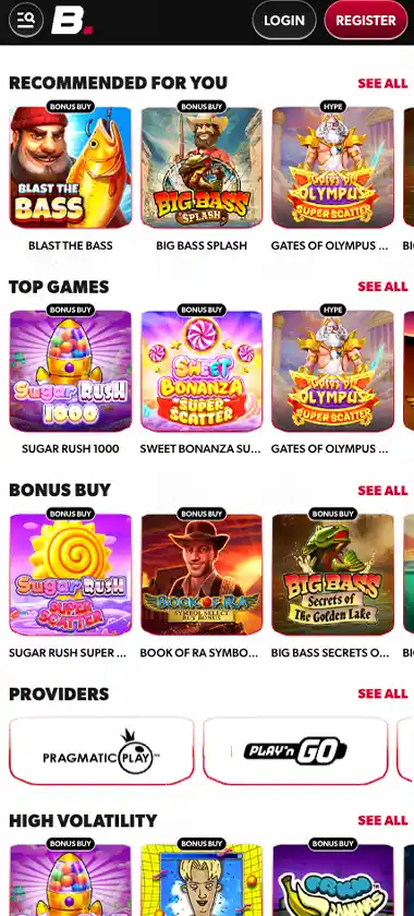 Betista Casino mobile lobby screenshot displaying main navigation, featured games and quick-access sections - tested