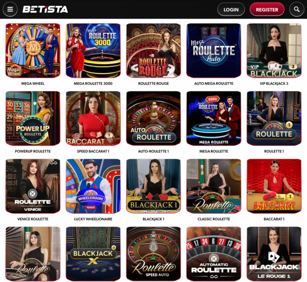 Betista Casino desktop live casino games collection screenshot displaying available live tables, dealers and categories - tested