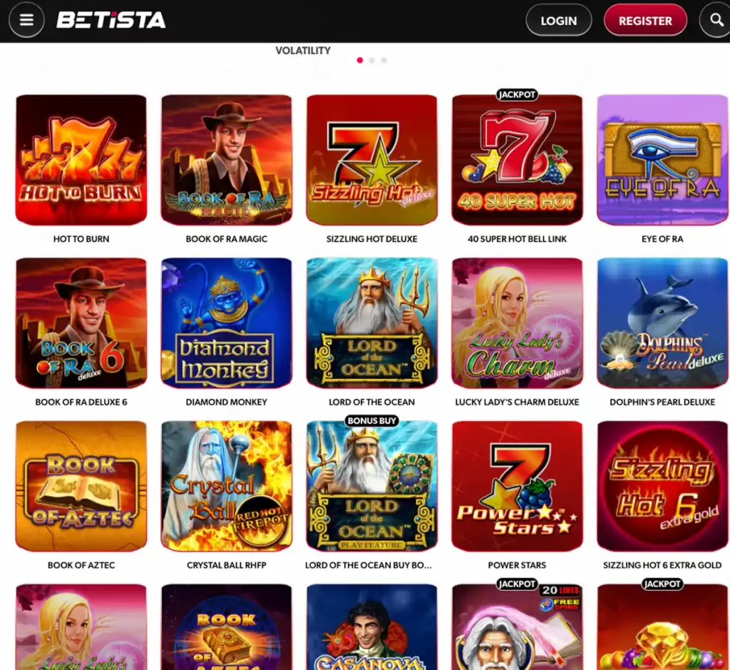 Betista Casino desktop slots variety screenshot displaying featured slots, game categories and filtering options - tested