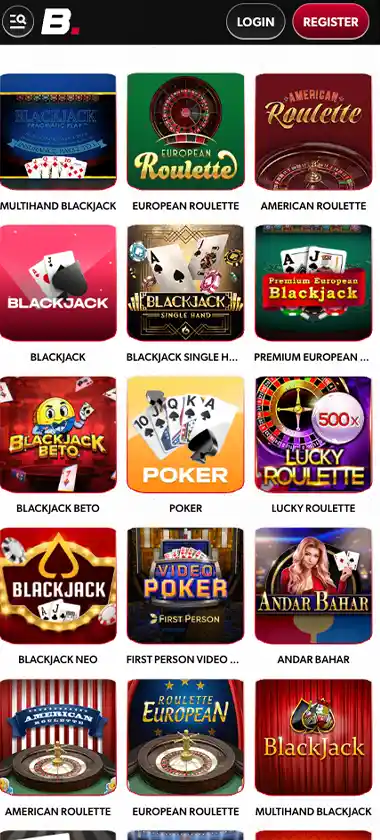 Betista Casino mobile table games collection screenshot displaying blackjack, roulette and baccarat variants with touch-optimized navigation - tested