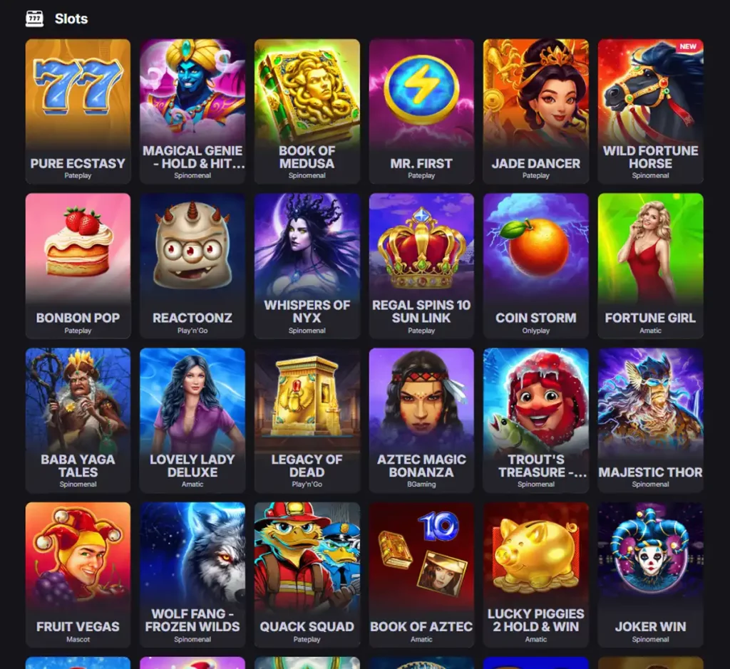 Betsomnia Casino desktop slot screenshot showing multiple slot categories, featured games and provider filters - tested