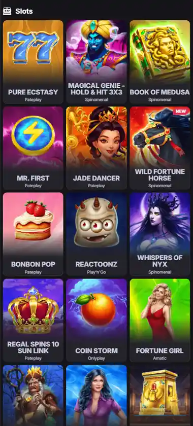 Betsomnia Casino mobile slots variety screenshot displaying featured slots, categories and touch-optimized navigation - tested