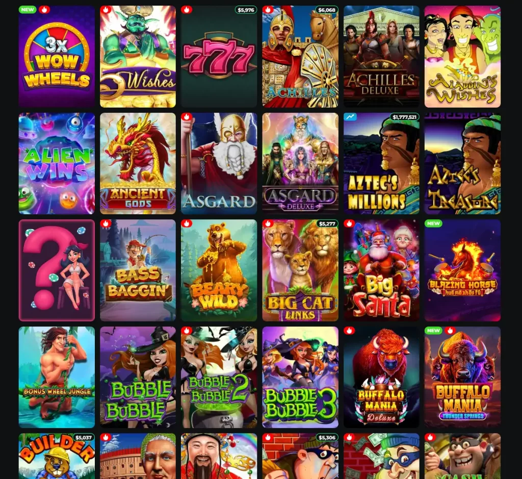 Betty Wins Casino desktop slots variety screenshot showing multiple slot categories, featured games and provider filters - tested Betty Wins Casino desktop slots variety screenshot showing multiple slot categories, featured games and provider filters - tested