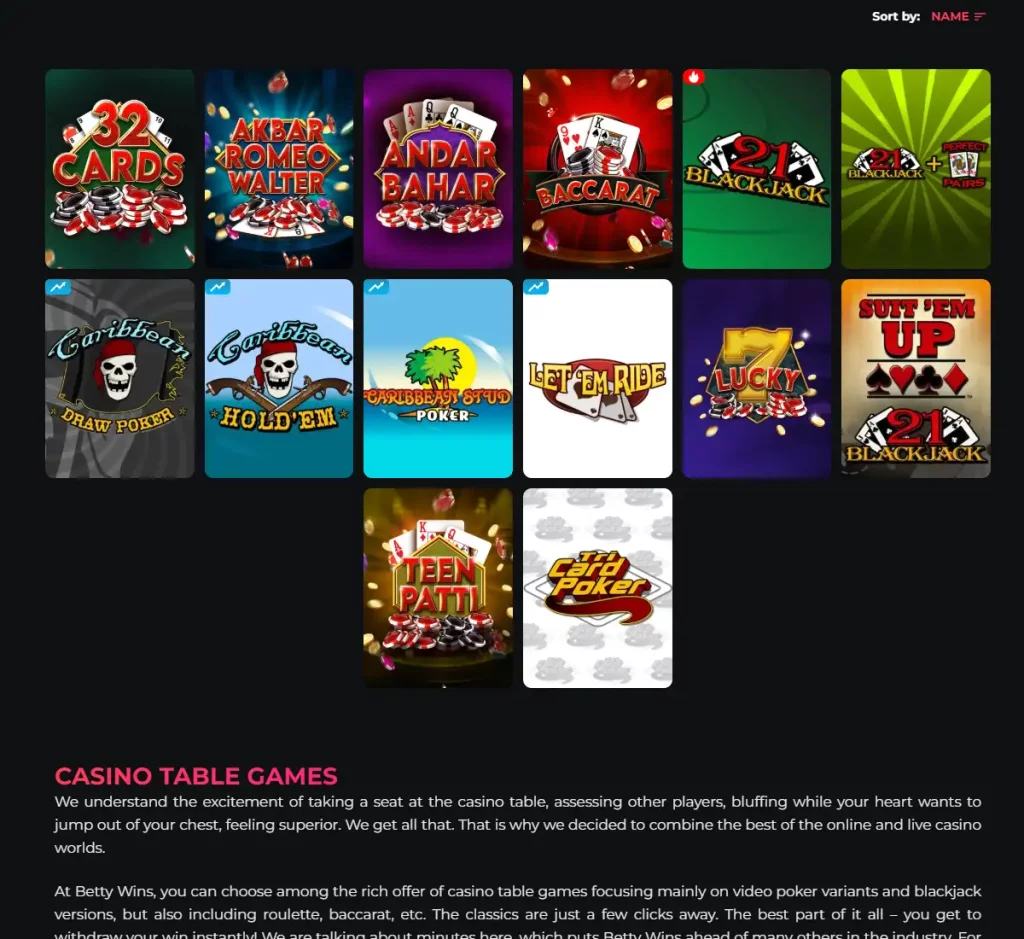 Betty Wins Casino desktop table games collection screenshot showing various table games, categories and filtering options - tested Betty Wins Casino desktop table games collection screenshot showing various table games, categories and filtering options - tested