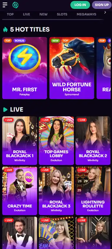 Betzard Casino mobile homepage screenshot displaying main navigation, featured games and mobile-friendly interface/navigation - tested