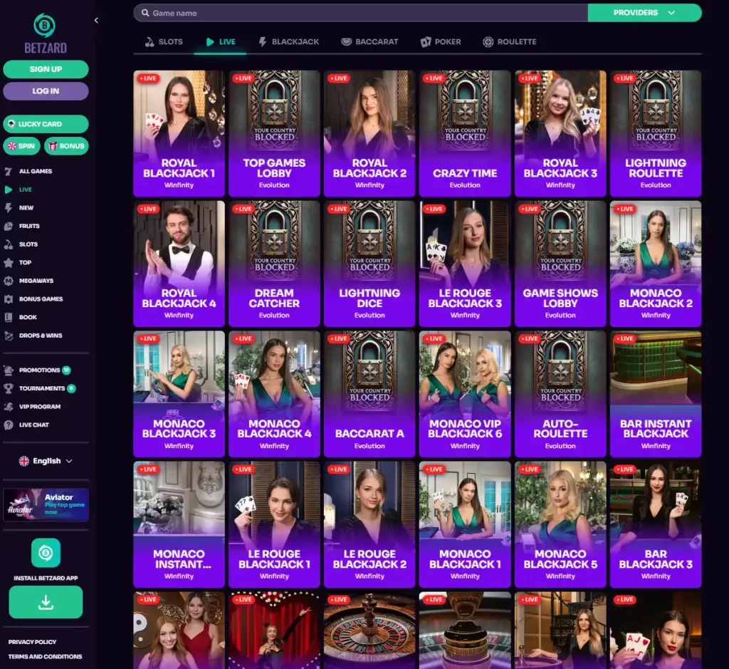 Betzard Casino desktop live dealer games collection screenshot showing roulette, blackjack and baccarat tables in lobby view with categories and provider filters - tested