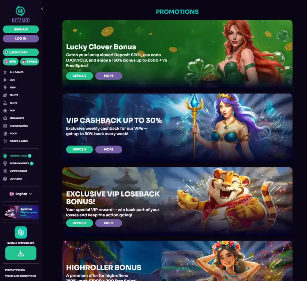 Betzard Casino desktop promotions screenshot showing promotional banners, bonus offers and claim instructions with categories and filter options - tested