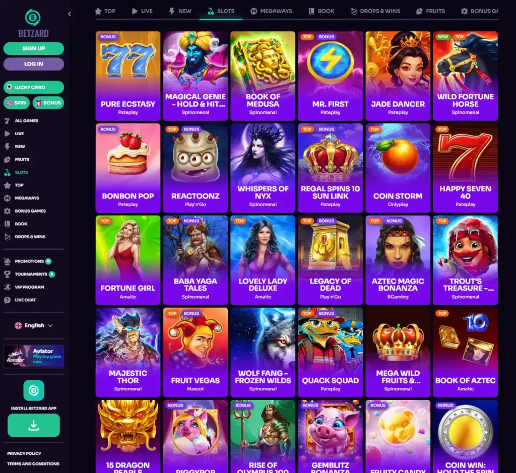 Betzard Casino desktop slot screenshot showing multiple slot categories, featured games and provider filters - tested