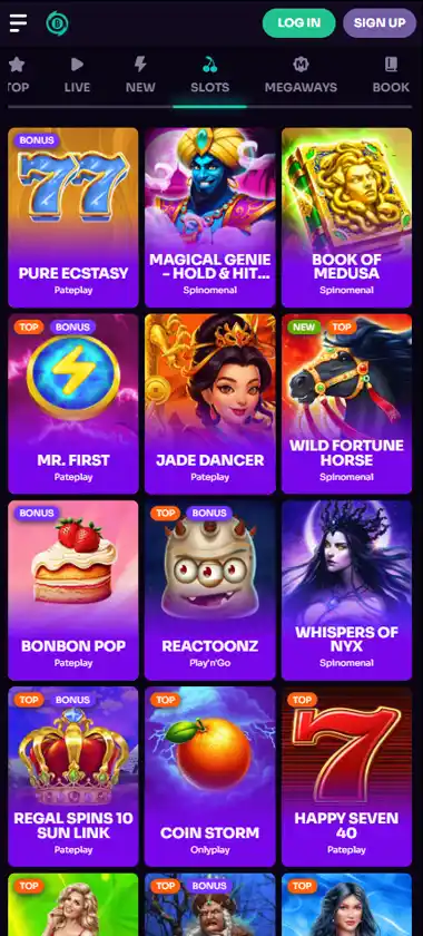 Betzard Casino mobile slot screenshot displaying featured slots, categories and touch-optimized navigation - tested