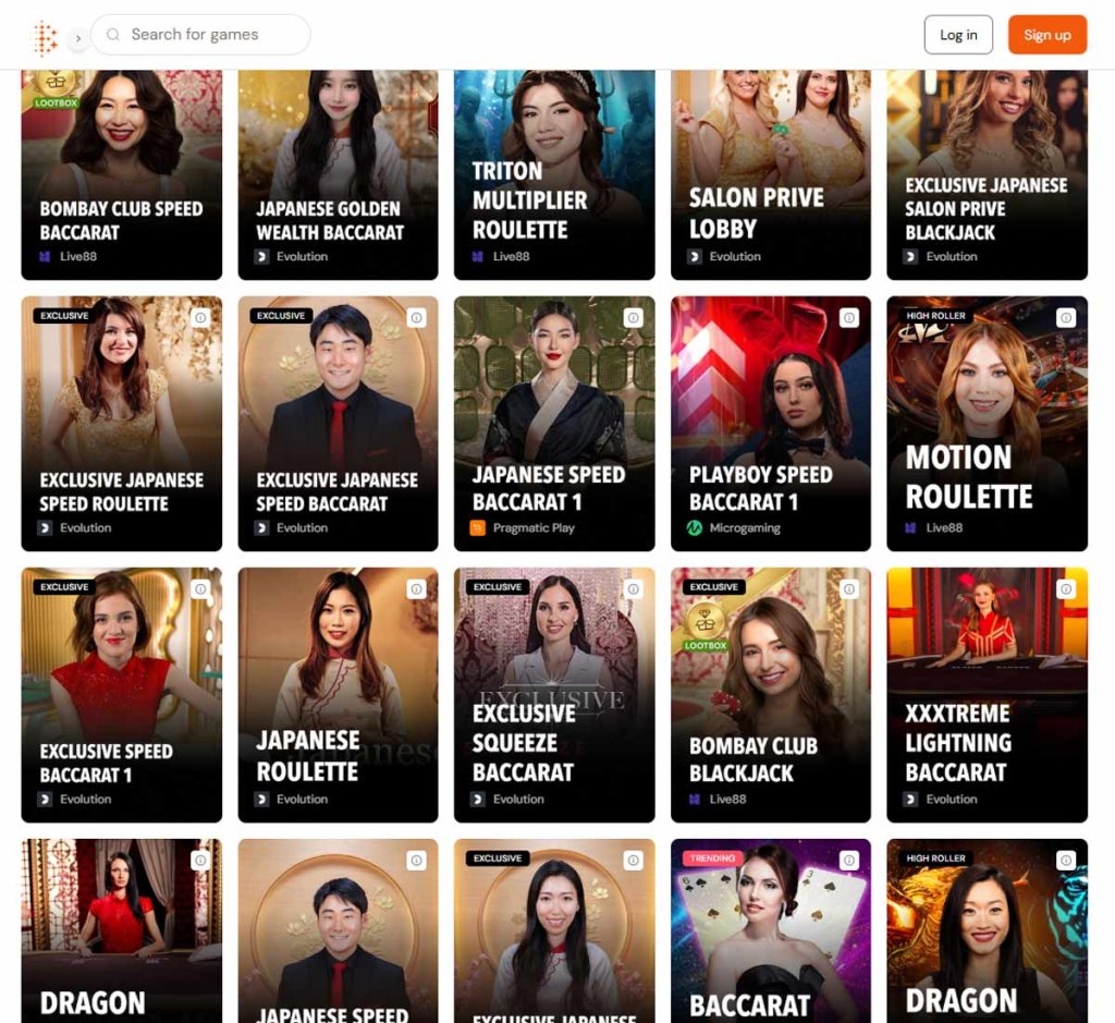 BitCasino X Casino desktop live dealer games collection screenshot showing roulette, blackjack and baccarat tables in lobby view - tested