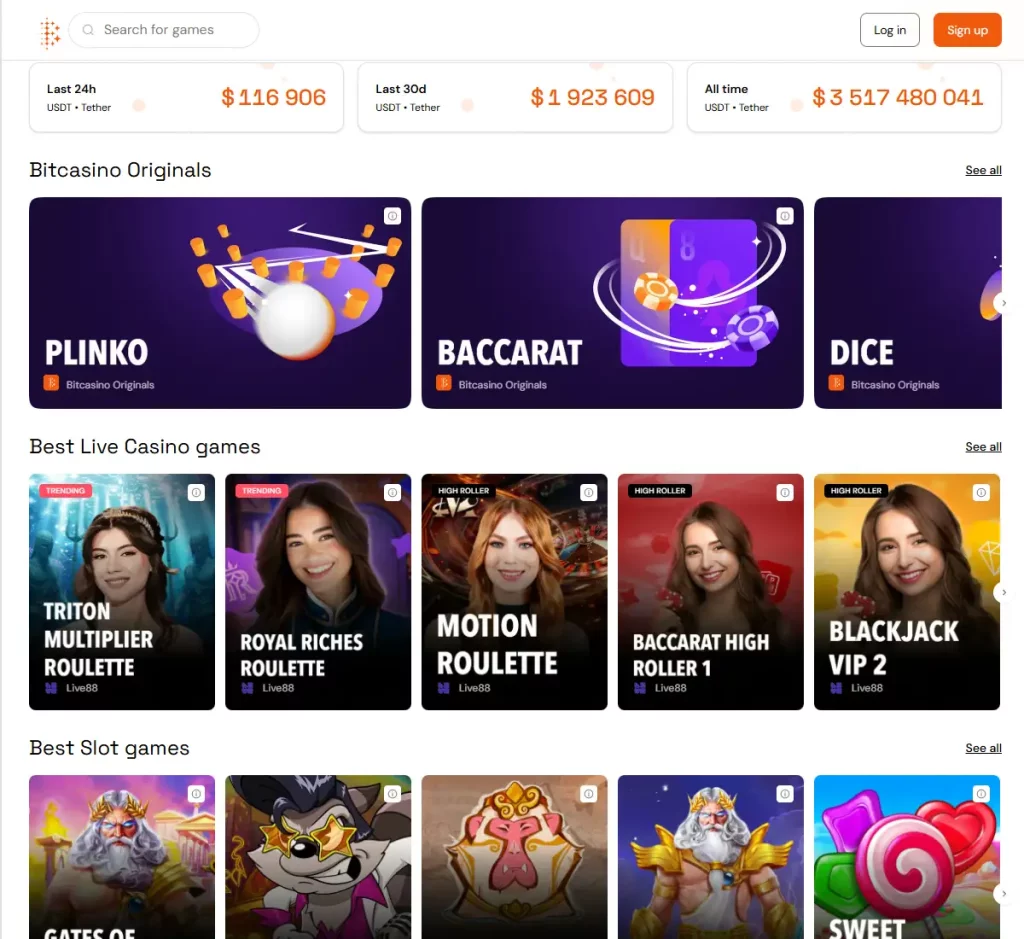 BitCasino desktop home page screenshot showing main navigation, featured games and promotional banners - tested
