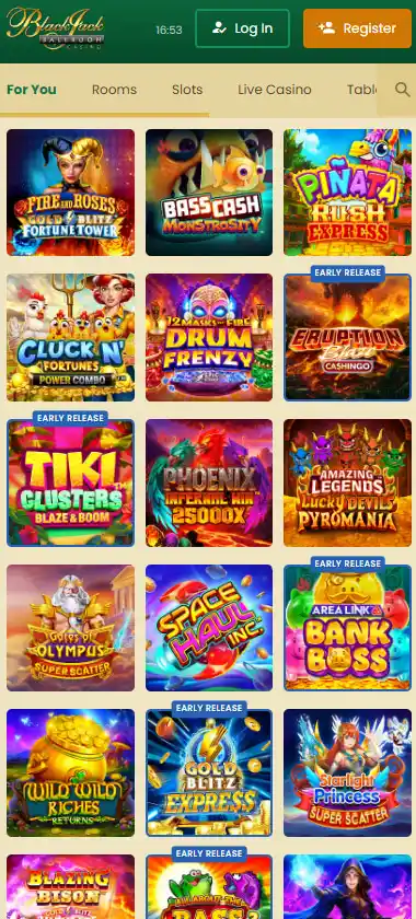 Blackjack Ballroom mobile homepage screenshot displaying main navigation, featured games and mobile-friendly interface/navigation - tested