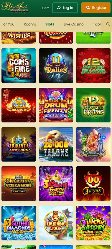 Blackjack Ballroom mobile slot screenshot displaying featured slots, categories and touch-optimized navigation - tested