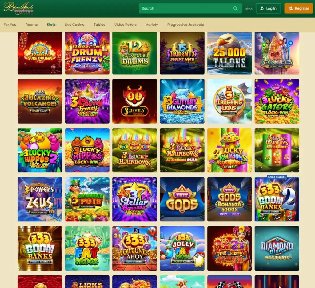 Blackjack Ballroom desktop slots screenshot showing multiple slot categories, featured games and provider filters - tested