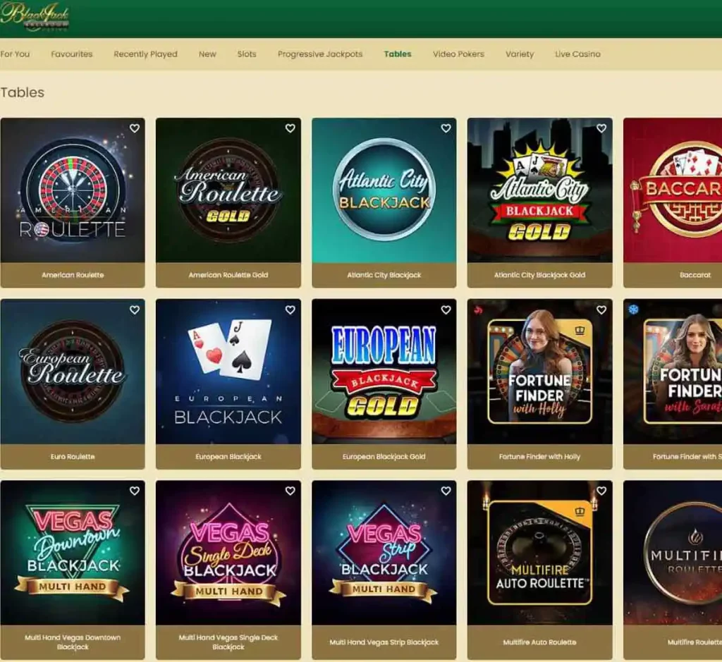 Blackjack Ballroom desktop table games screenshot showing various table games, categories and provider filters - tested