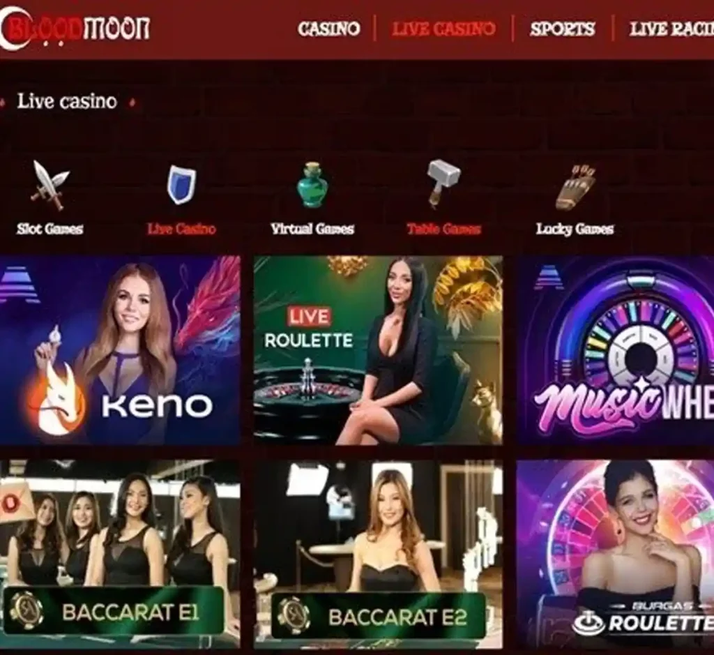 Blood Moon Casino desktop live dealer games collection screenshot showing roulette, blackjack and baccarat tables in lobby view with categories and provider filters - tested