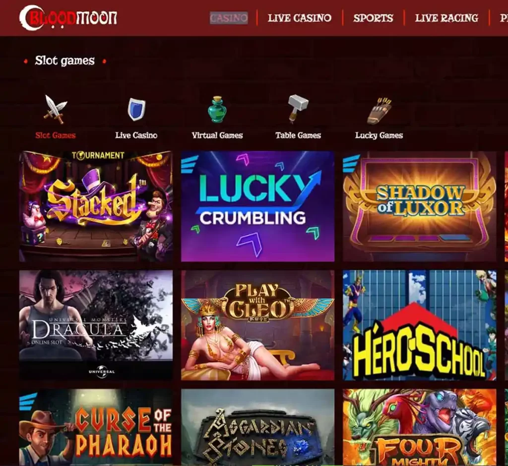 Blood Moon Casino desktop slot screenshot showing multiple slot categories, featured games and provider filters - tested