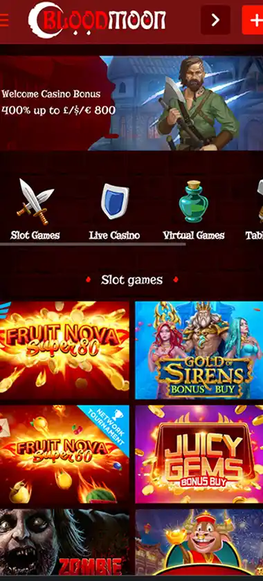 Blood Moon Casino mobile slots variety screenshot displaying featured slots, categories and touch-optimized navigation - tested