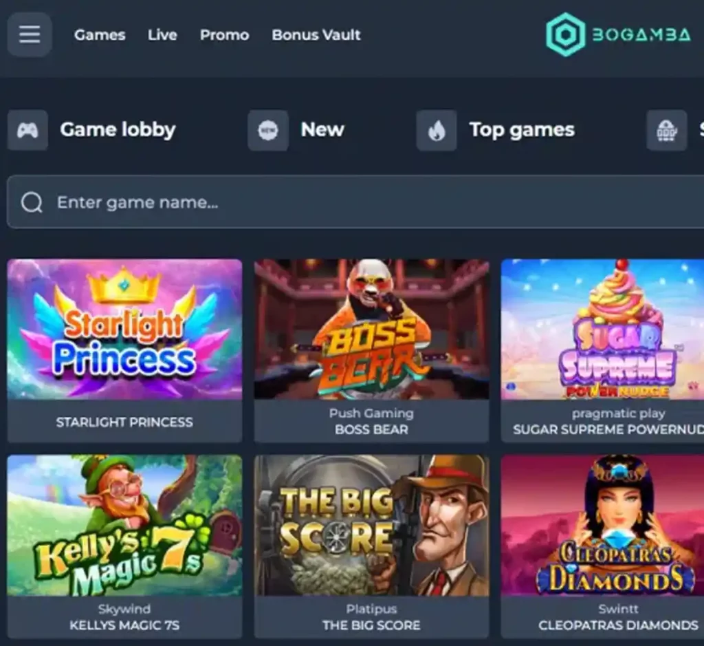 Bogamba Casino desktop homepage screenshot displaying main navigation, featured games and promotional banners - tested