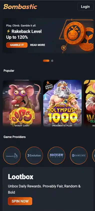 Bombastic Casino mobile home page - captured during our review