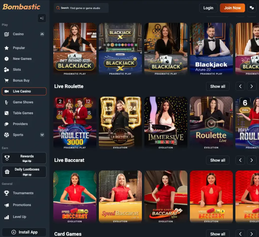 Bombastic Casino desktop live casino games collection - captured during our review