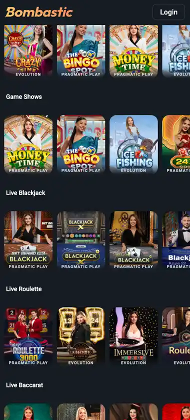 Bombastic Casino mobile live casino games collection screenshot displaying available live tables and categories - tested