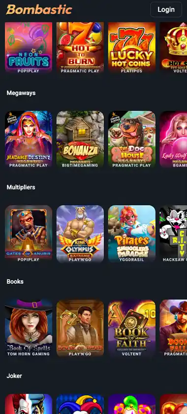 Bombastic Casino mobile slots variety screenshot displaying featured slots, categories and touch-optimized navigation - tested
