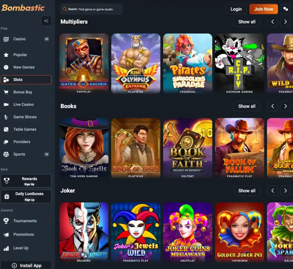 Bombastic Casino desktop slots variety screenshot displaying featured slots, game categories and filtering options - tested