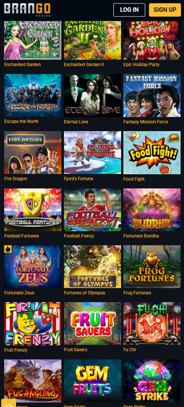 Brango Casino mobile home page screenshot displaying main navigation, featured games and mobile-friendly interface - tested