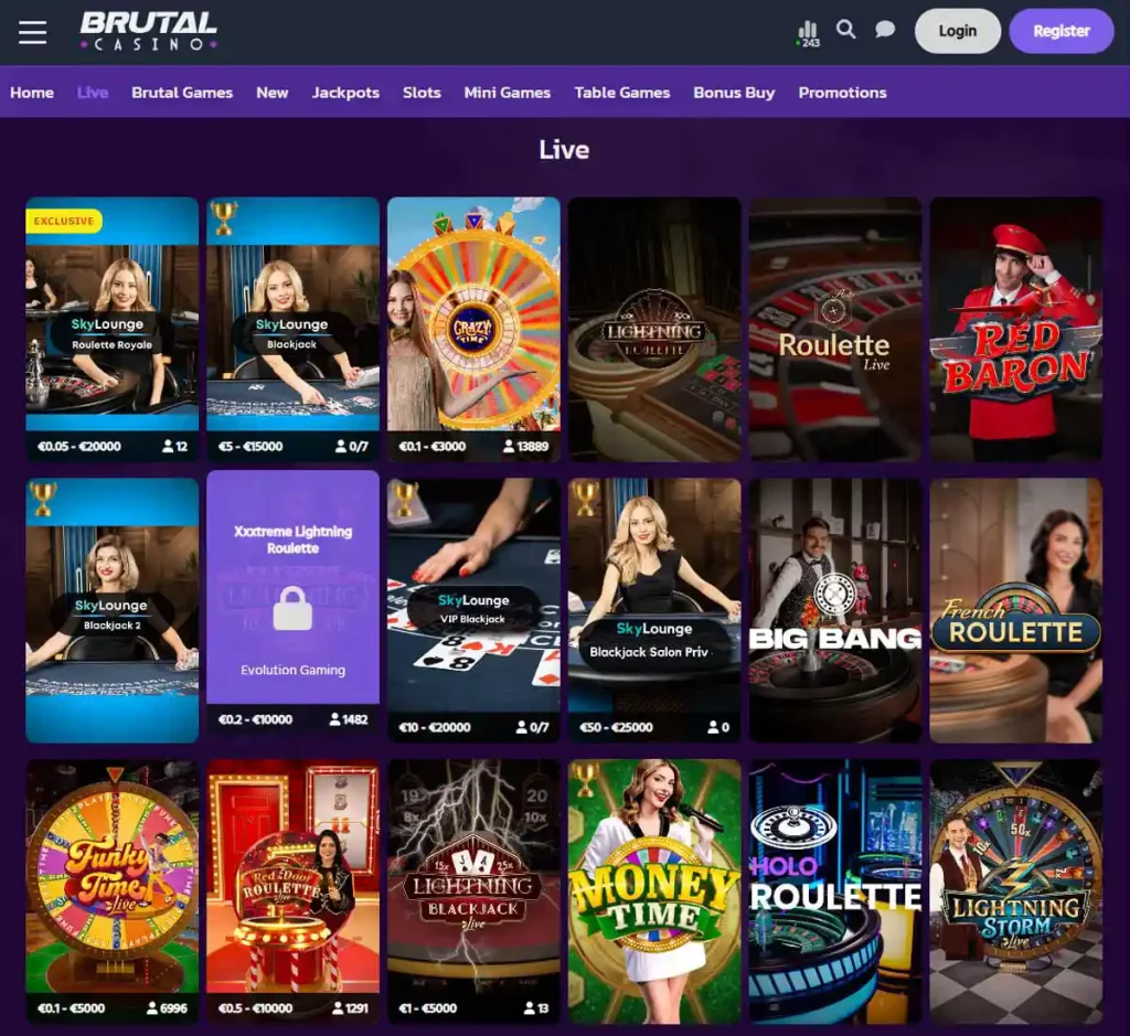 Brutal Casino desktop live dealer games collection screenshot showing roulette, blackjack and baccarat tables in lobby view with categories and provider filters - tested