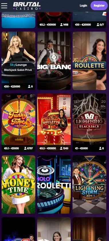 Brutal Casino mobile live dealer games collection screenshot displaying available live tables and categories with mobile-friendly interface/navigation - tested