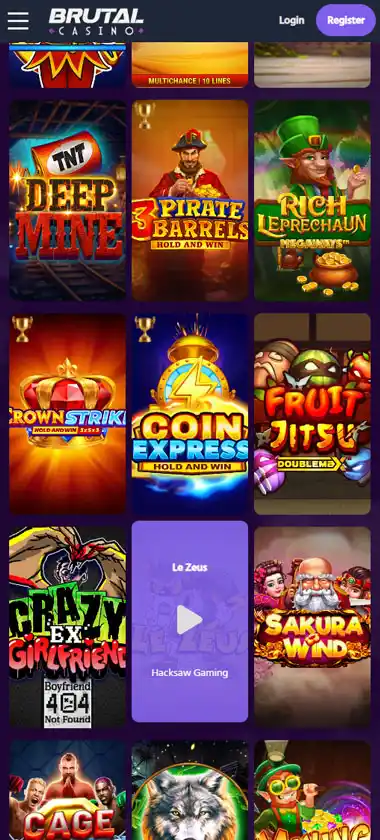 Brutal Casino mobile slots variety screenshot displaying featured slots, categories and touch-optimized navigation - tested