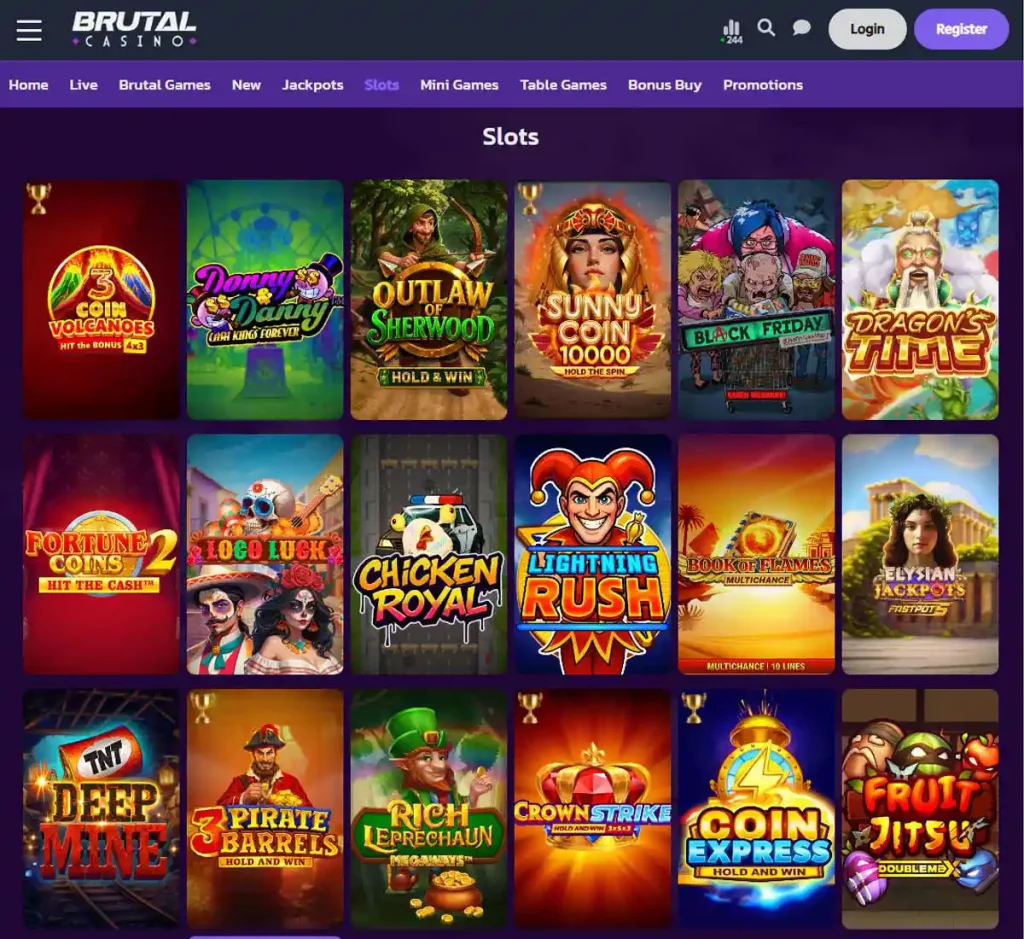 Brutal Casino desktop slots screenshot showing multiple slot categories, featured games and provider filters - tested