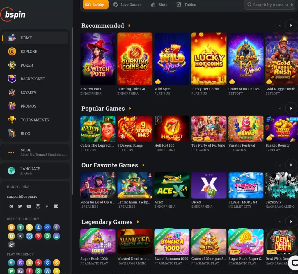 Bspin Casino desktop home page screenshot showing main navigation, featured games and promotional banners - tested