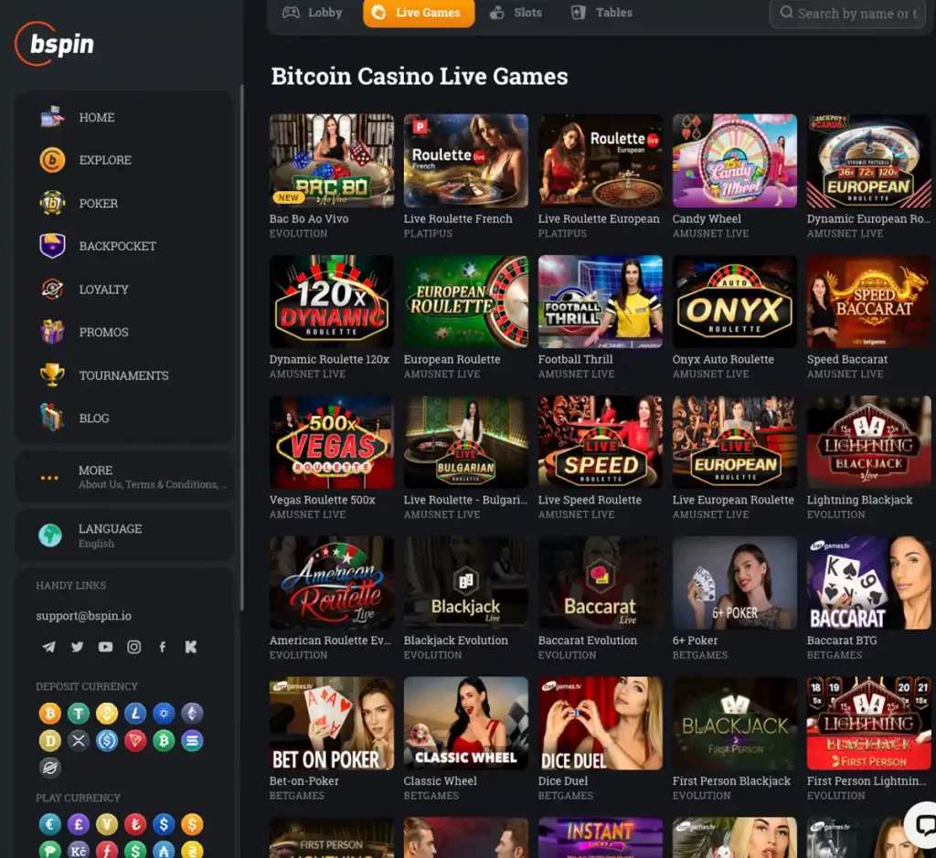 Bspin Casino desktop live dealer games collection screenshot showing roulette, blackjack and baccarat tables in lobby view - tested