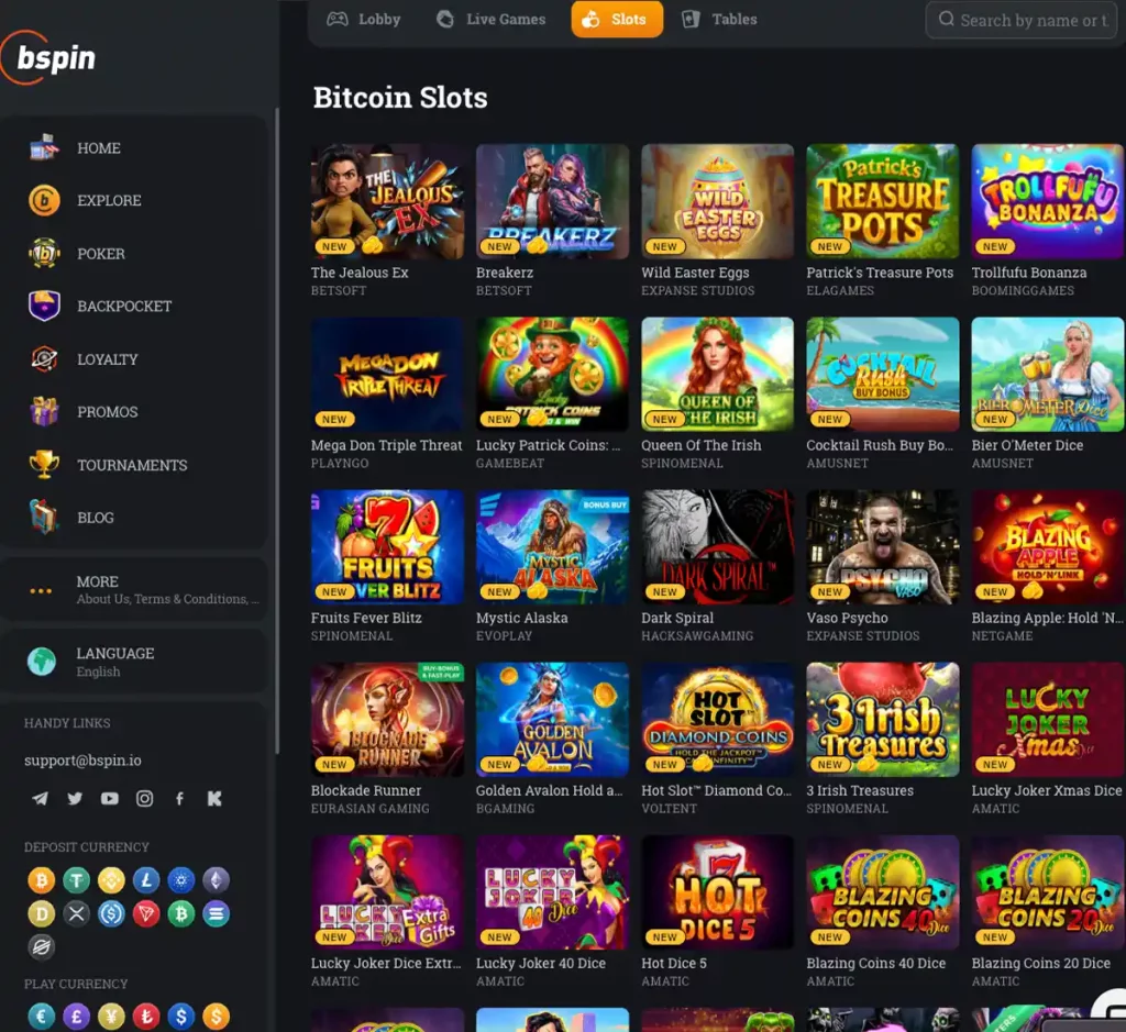 Bspin Casino desktop slots variety screenshot showing multiple slot categories, featured games and provider filters - tested