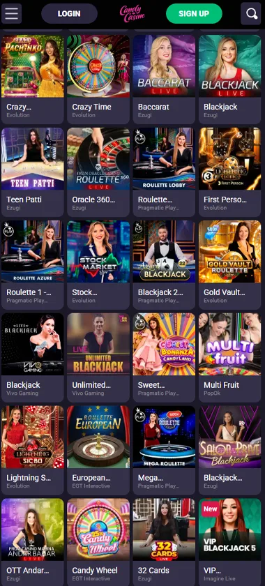 Candy Casino mobile live casino screenshot showing real-dealer tables including roulette and blackjack with compact lobby layout - tested