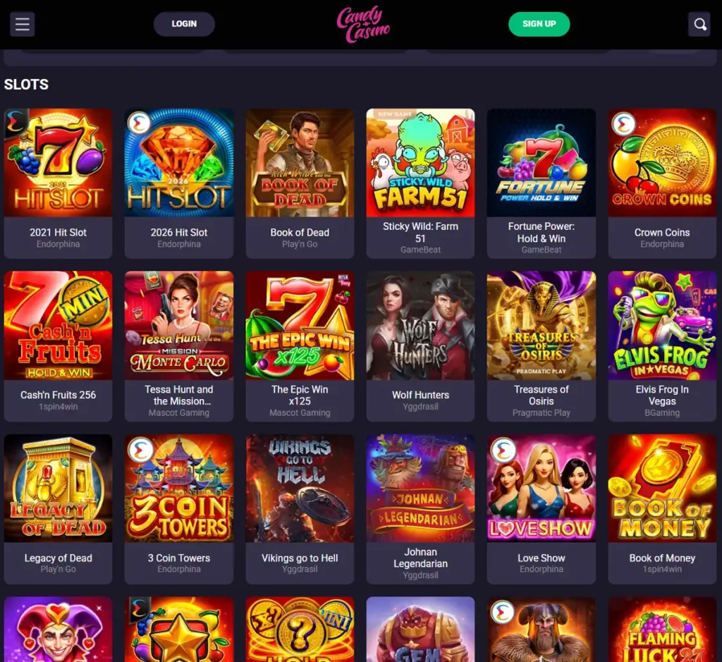 Candy Casino desktop slots screenshot showing slots variety with featured games, categories and filtering options - tested
