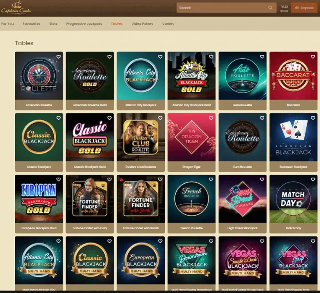 Captain Cooks Casino desktop table games collection screenshot showing various table games, categories and filtering options - tested