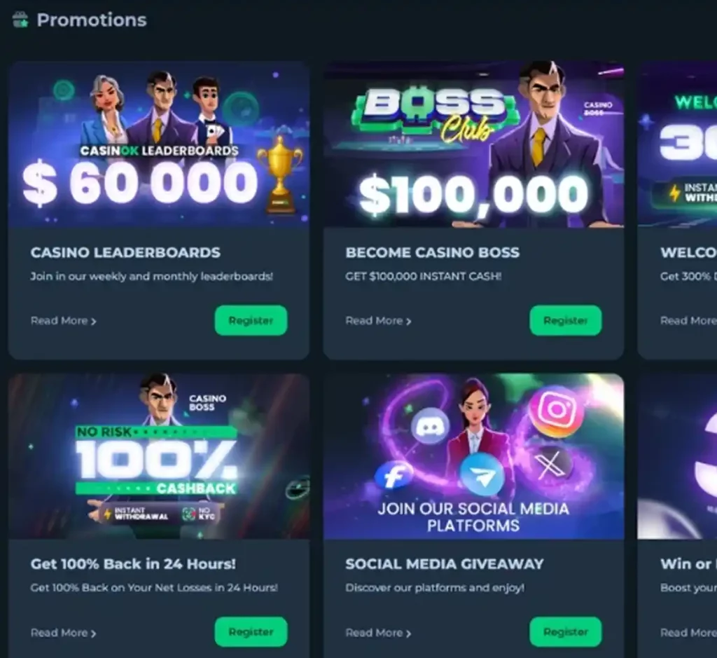 CasinOK Casino desktop promotions screenshot showing available bonuses, offers and promotional details - tested