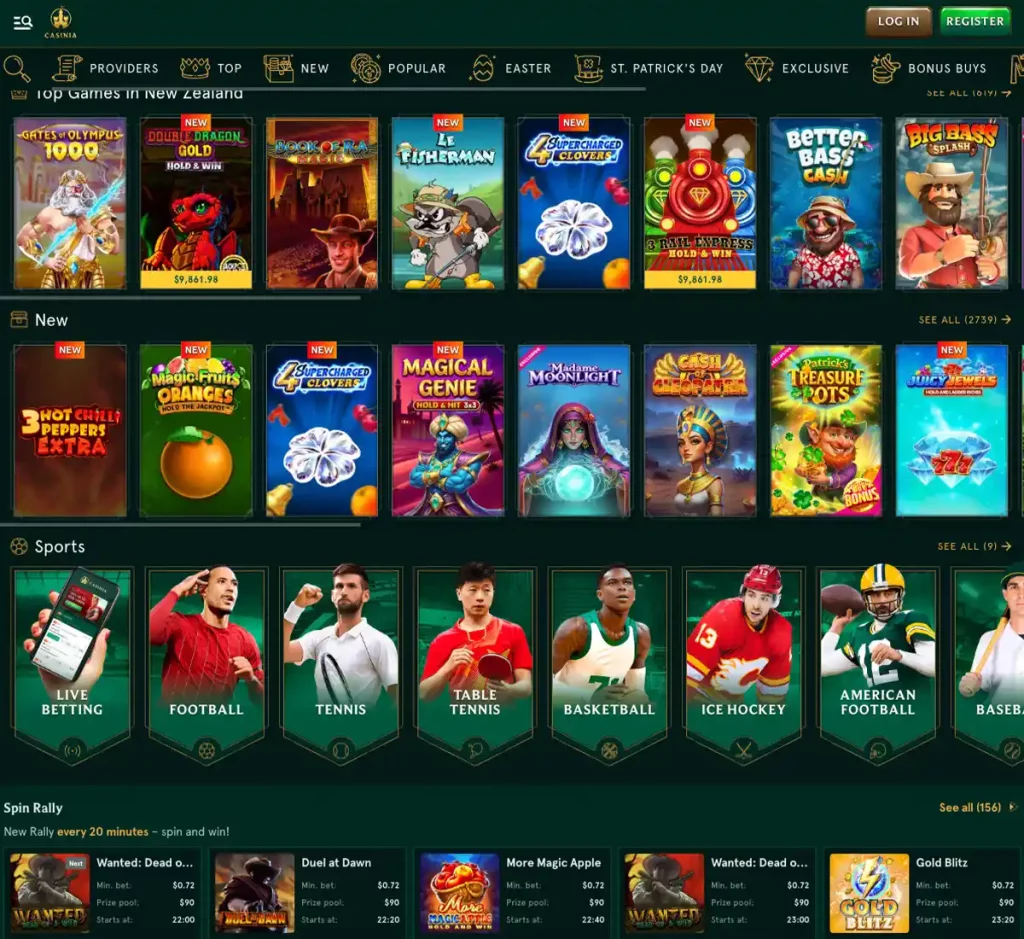 Casinia Casino desktop home page screenshot showing main navigation, featured games and promotional banners - tested