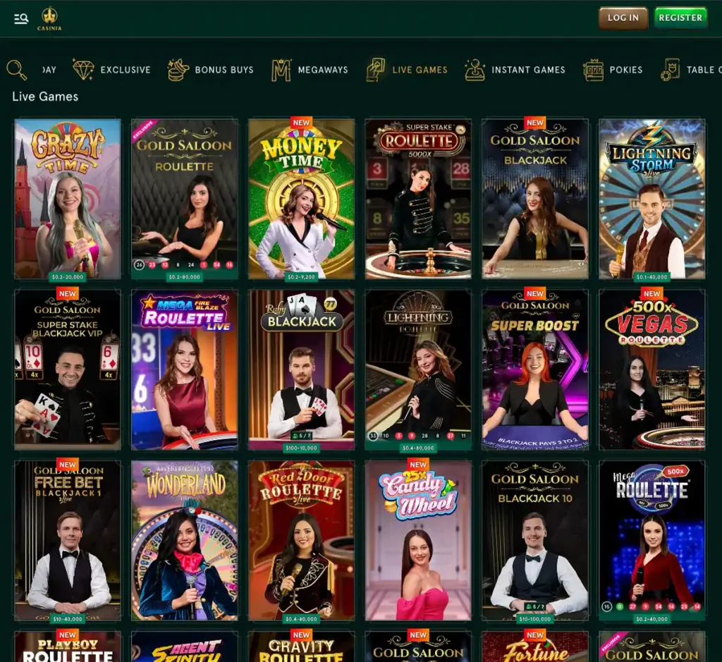Casinia Casino desktop live dealer games collection screenshot showing roulette, blackjack and baccarat tables in lobby view - tested