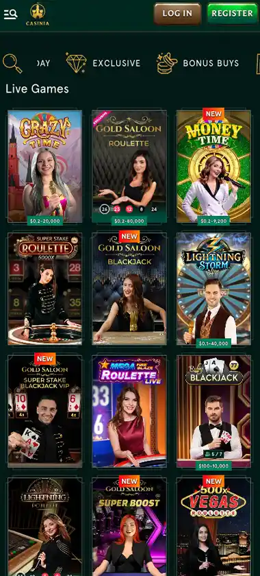 Casinia Casino mobile live dealer games collection screenshot displaying available live tables and categories - tested