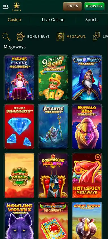 Casinia Casino mobile megaways slots screenshot displaying megaways games and mobile-friendly navigation - tested