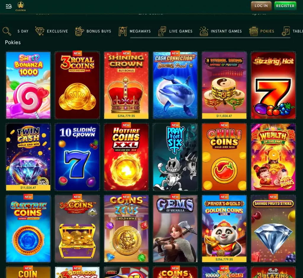 Casinia Casino desktop slots variety screenshot showing multiple slot categories, featured games and provider filters - tested