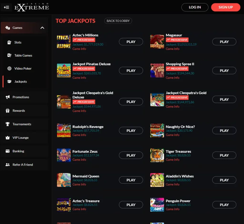 Casino Extreme desktop jackpots screenshot showing progressive jackpot games, prize amounts and featured titles - tested