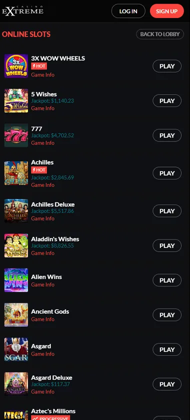 Casino Extreme mobile slots variety screenshot displaying featured slots, categories and touch-optimized navigation - tested