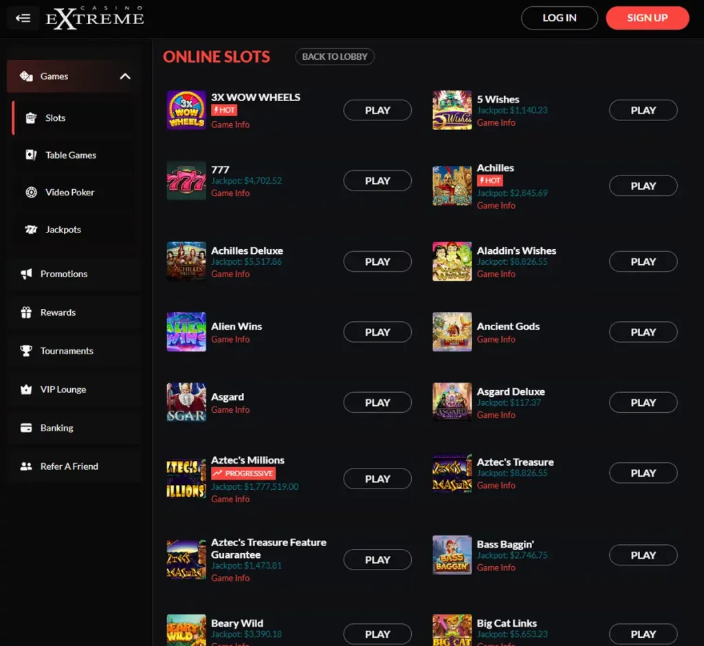 Casino Extreme desktop slots variety screenshot showing multiple slot categories, featured games and provider filters - tested