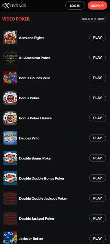Casino Extreme mobile video poker collection screenshot displaying available video poker games and mobile-friendly navigation - tested